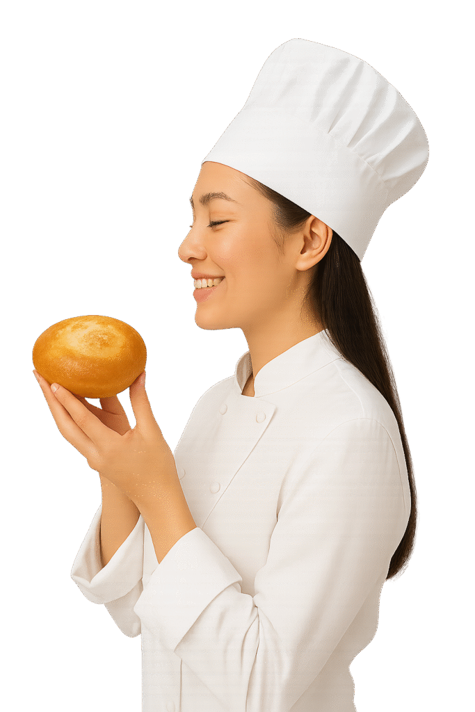Chef wanita tersenyum memegang kue kamir segar sebagai bagian dari promo toko kamir.